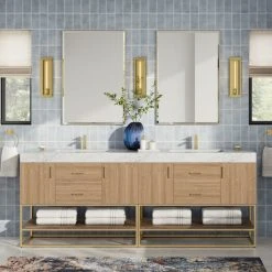MOD Bahia Bath Vanity, Oak, 84", Brushed Gold Hardware, Double, Freestanding
