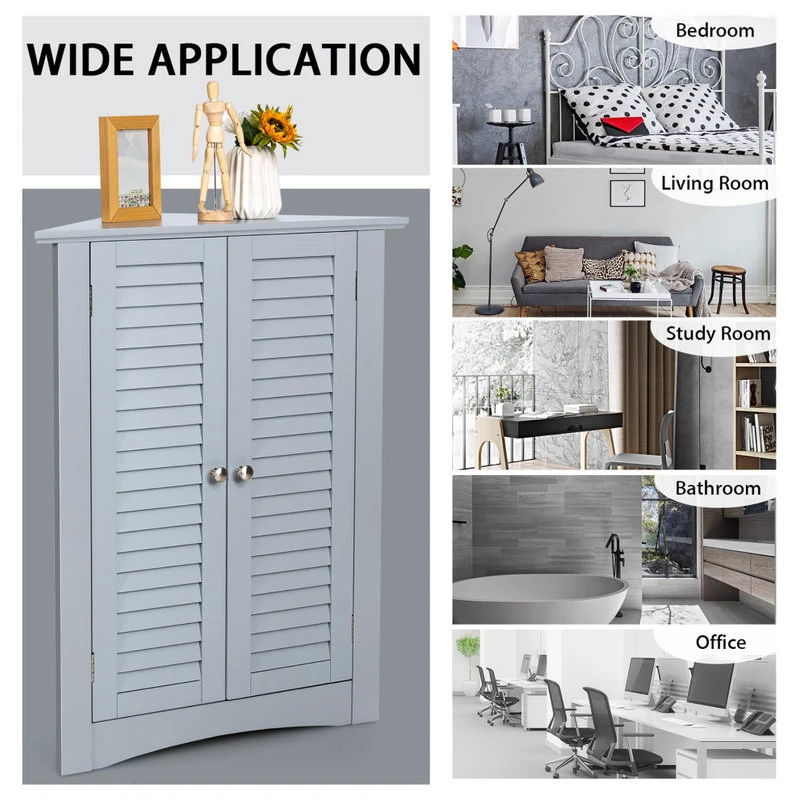 Costway Corner Storage Cabinet Freestanding Floor Cabinet Bathroom W/ Shutter Door Grey 5 Costway Corner Storage Cabinet Freestanding Floor Cabinet Bathroom W/ Shutter Door Grey - Image 3