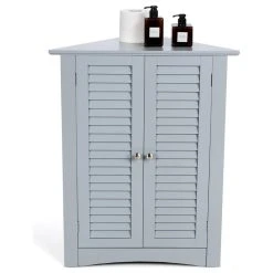 Costway Corner Storage Cabinet Freestanding Floor Cabinet Bathroom W/ Shutter Door Grey