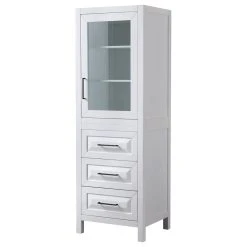 Wyndham Collection Daria Linen Tower In White With Matte Black Trim & Shelved Cabinet Storage
