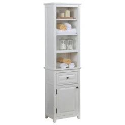 Bolton Furniture, Inc. Dorset Bathroom Storage Tower, Open Upper Shelves, Lower Cabinet And Drawer