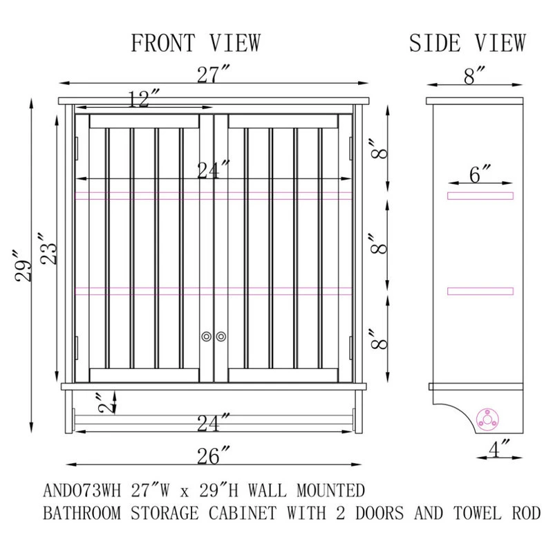 Bolton Furniture, Inc. Dover 27"W X 29"H Wall Mounted Bathroom Storage Cabinet, 2 Doors And Towel Rod 8 Bolton Furniture, Inc. Dover 27"W X 29"H Wall Mounted Bathroom Storage Cabinet, 2 Doors And Towel Rod - Image 6
