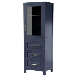 Wyndham Collection Daria Linen Tower, Dark Blue, Shelved Cabinet Storage, 3 Drawers
