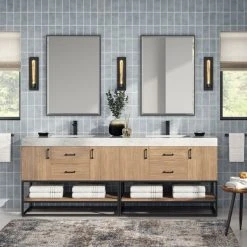 MOD Bahia Bath Vanity, Oak, 84", Matte Black Hardware, Double, Freestanding