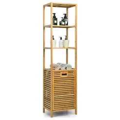 Gymax Bathroom Tilt-Out Laundry Hamper Bamboo Tower Hamper W/3-Tier Shelves