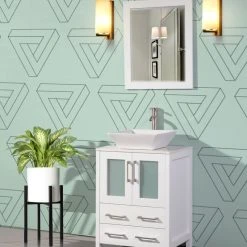 Vanity Art LLC Vanity Art Vanity Set With Vessel Sink, White, 24", Standard Mirror -Kraus Shop fa6138370ffbf503 6505 w800 h800 b0 p0